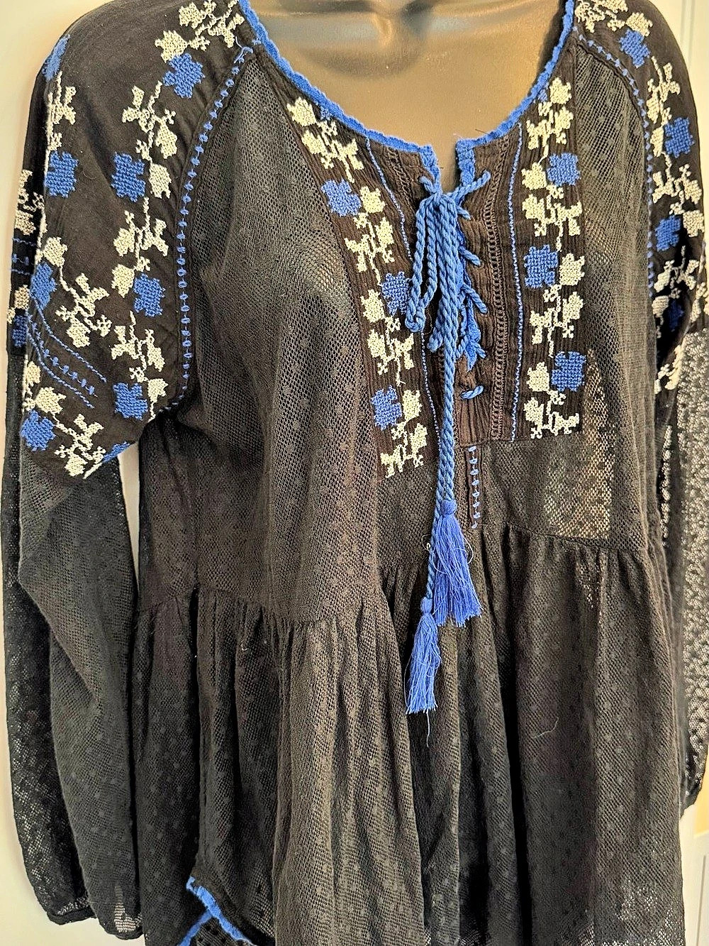 Free People L Black Blue Embroidered Mesh Peasant Tunic Boho Festival Top